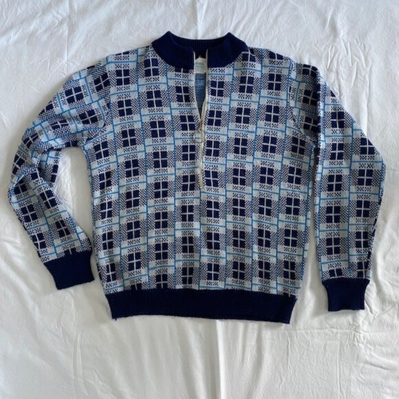 VINTAGE 70s Alexanders Blue White Plaid Half Zip Pullover Sweater - Picture 2 of 10